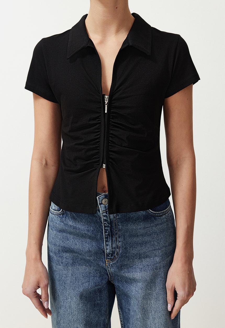 Trendyol - Polo neck gathered zippered top - black