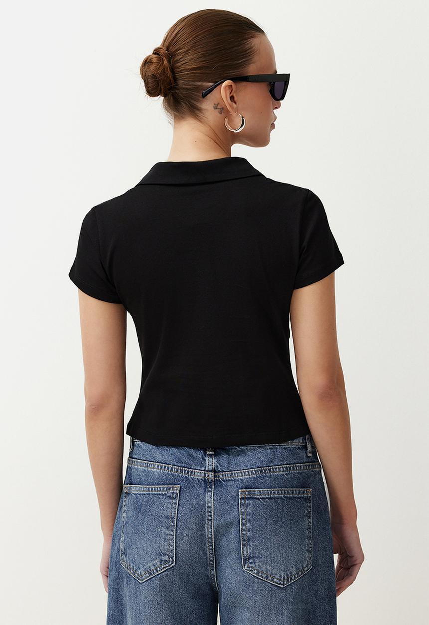 Trendyol - Polo neck gathered zippered top - black