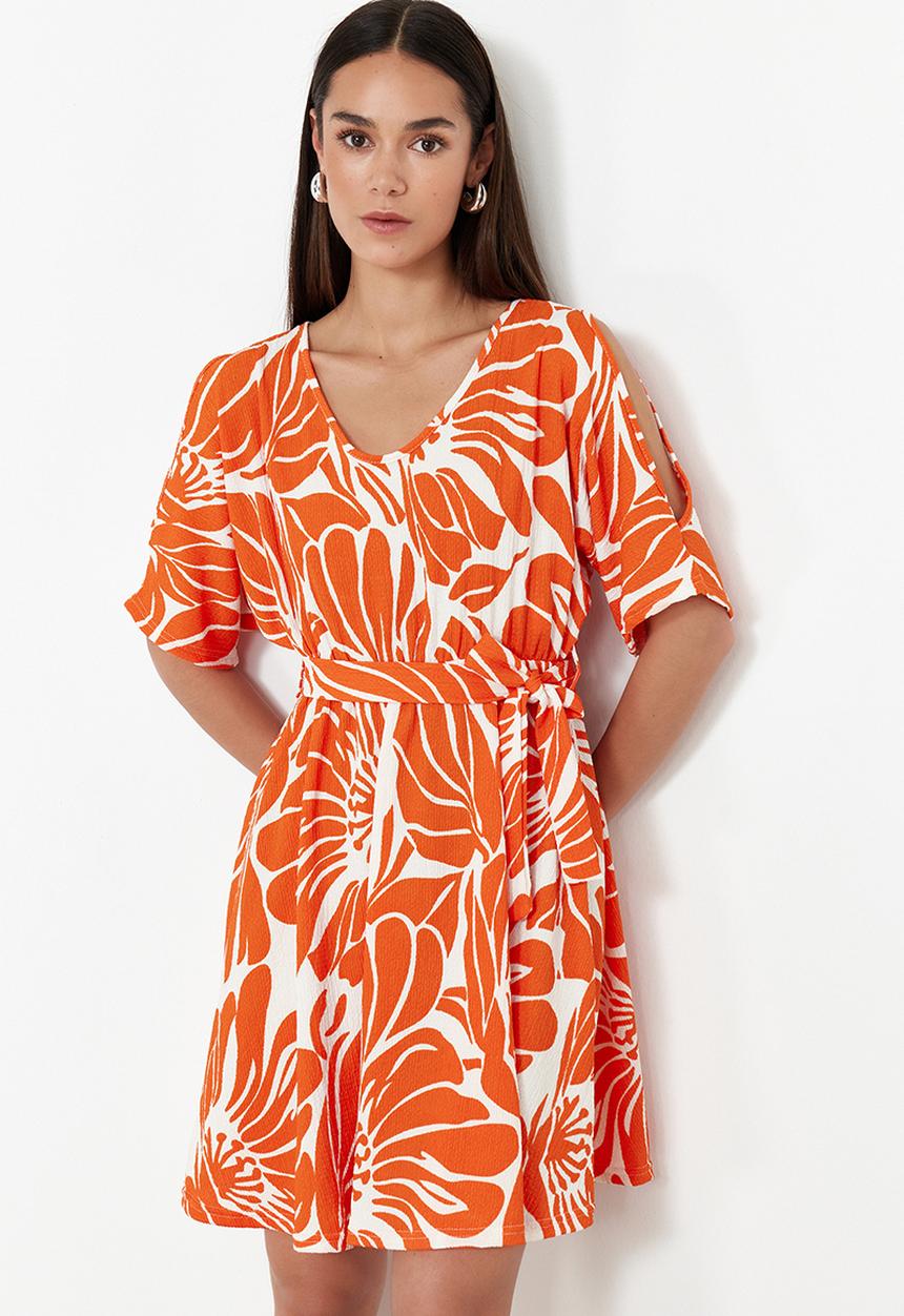 Trendyol - Printed Belted Midi Knit Dress - Orange
