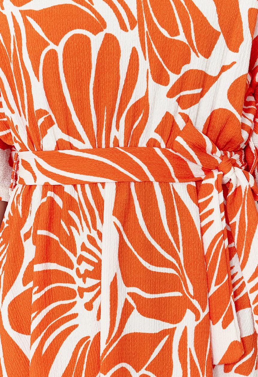 Trendyol - Printed Belted Midi Knit Dress - Orange