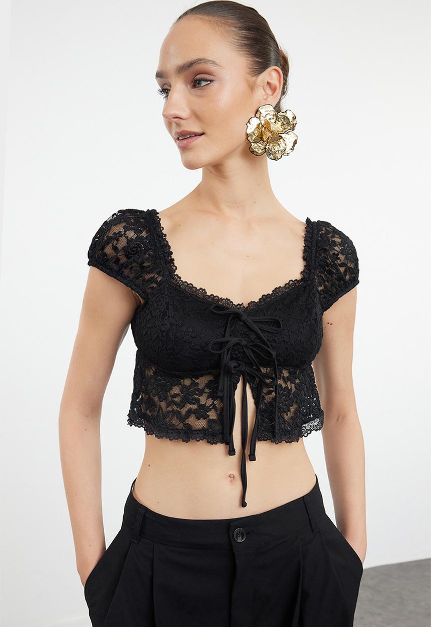Trendyol - Crop lace knit bustier - black