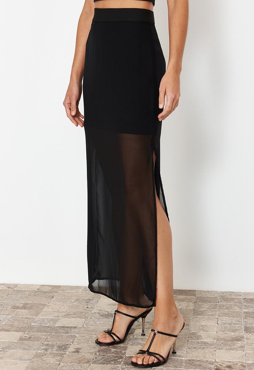 Trendyol - Chiffon Midi Skirt with Side Slit - Black
