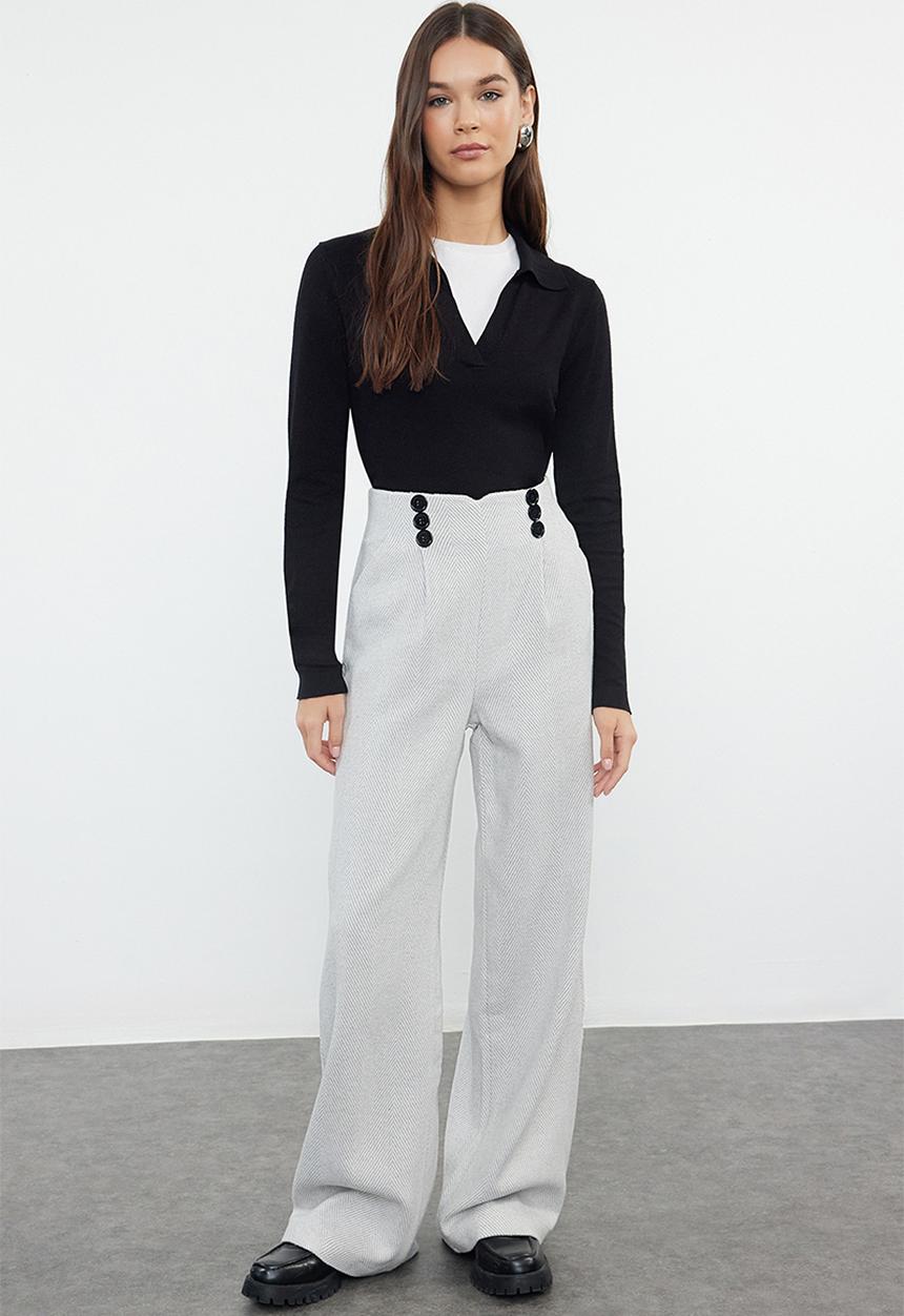 Trendyol - Button detailed wide leg woven trousers - light grey
