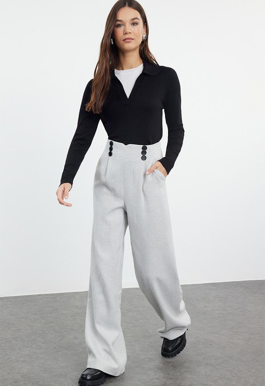 Trendyol - Button detailed wide leg woven trousers - light grey