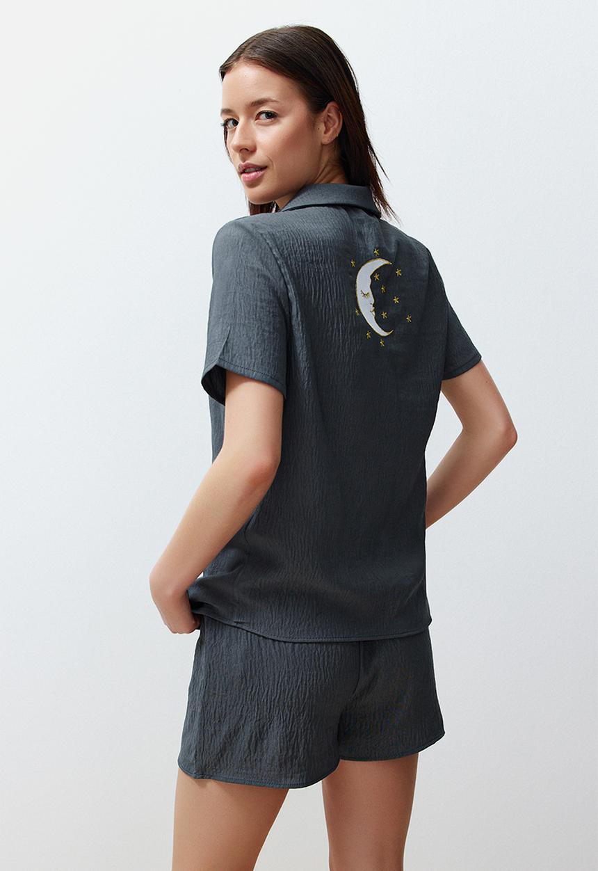 Trendyol - Back Star and Moon Printed Satin Woven Pajamas Set - Anthracite