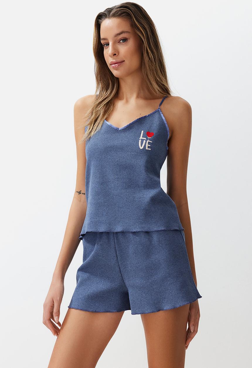 Trendyol - Textured Embroidered Rope Strap Knitted Pajama Set - Blue