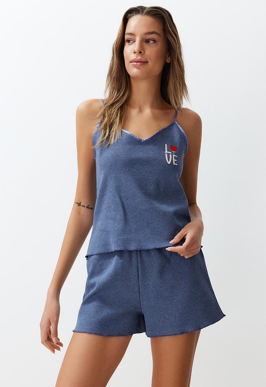 Trendyol - Textured Embroidered Rope Strap Knitted Pajama Set - Blue