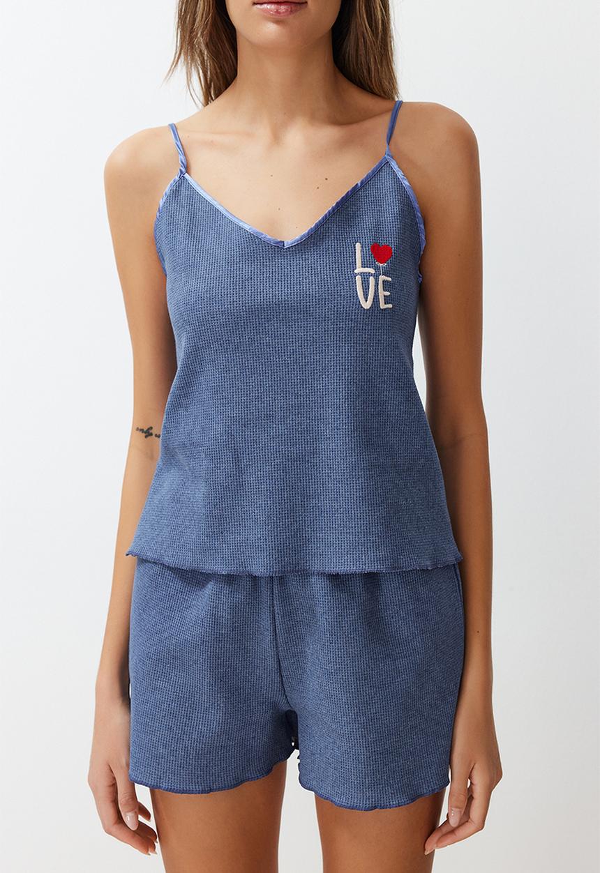 Trendyol - Textured Embroidered Rope Strap Knitted Pajama Set - Blue