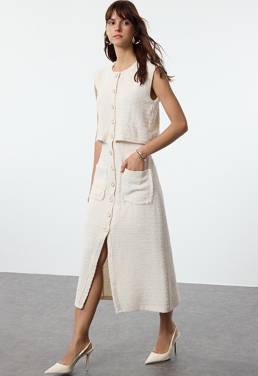 Trendyol - Button Detailed Woven Tweed Jacket Dress - Ecru