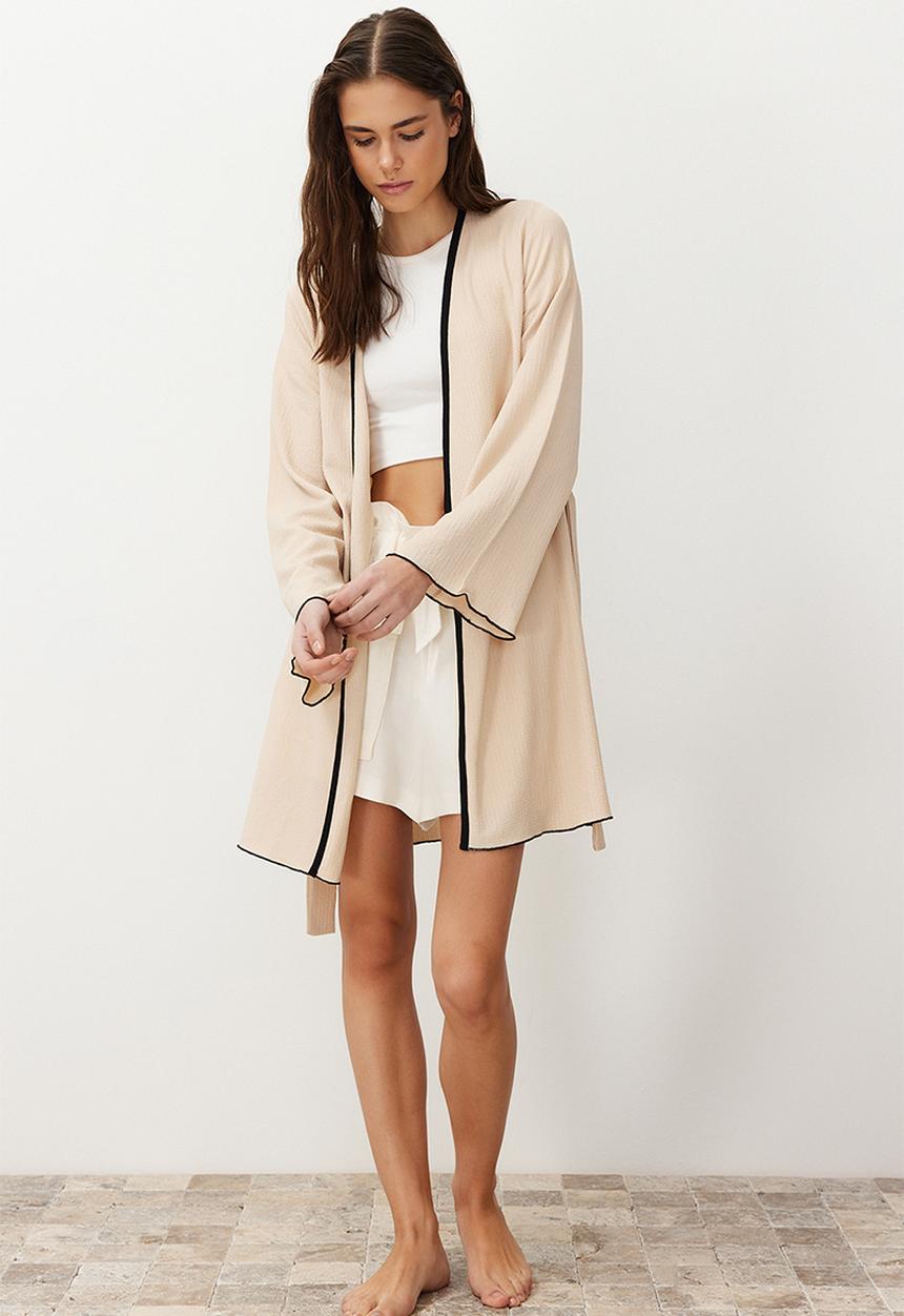 Trendyol - Belted Knitted Dressing Gown - Beige