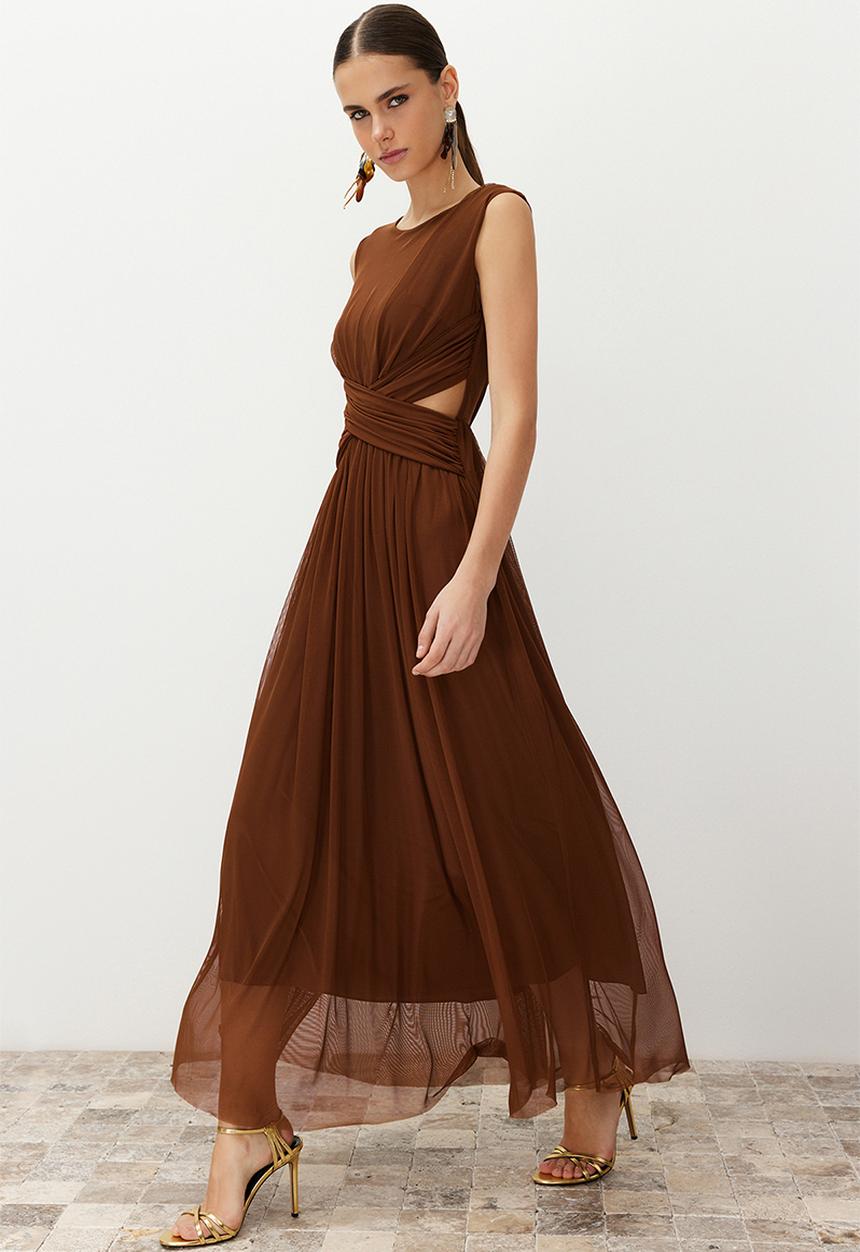 Trendyol - Window/Cut Out Detailed Knitted Tulle Dress - Brown