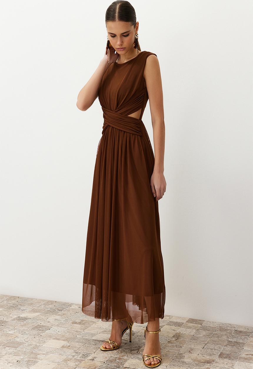 Trendyol - Window/Cut Out Detailed Knitted Tulle Dress - Brown