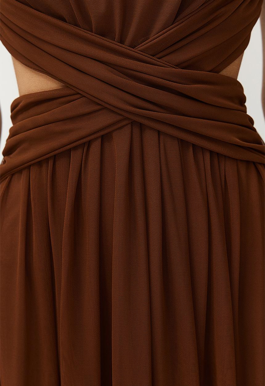 Trendyol - Window/Cut Out Detailed Knitted Tulle Dress - Brown