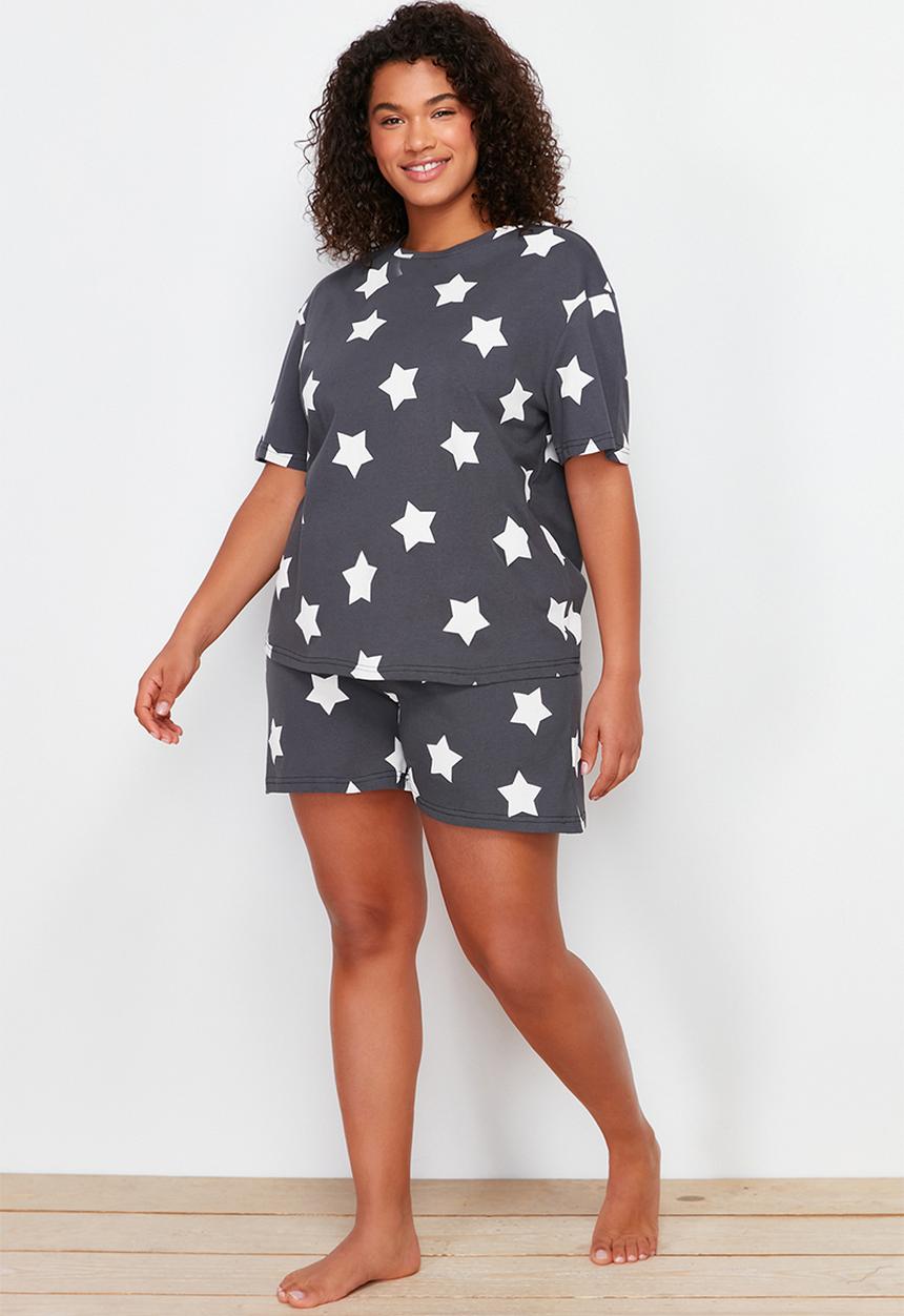 Trendyol - Plus Star printed knitted pajama set - anthracite