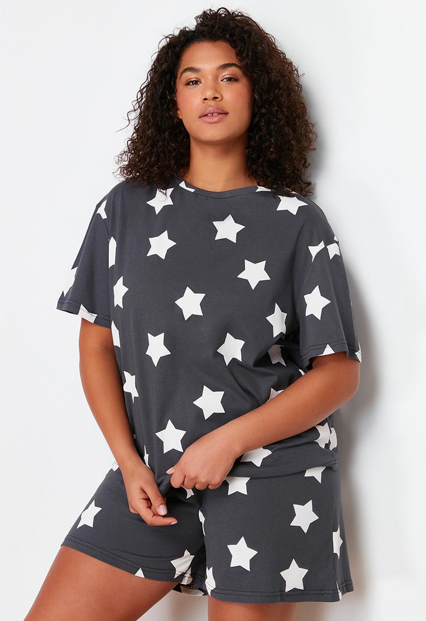Trendyol - Plus Star printed knitted pajama set - anthracite