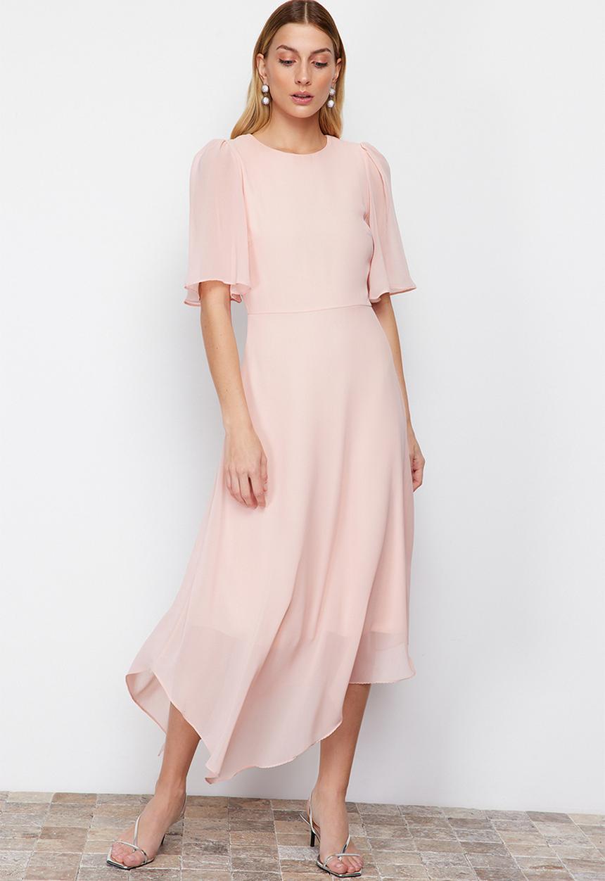 Trendyol - Asymmetrical Midi Dress - Powder