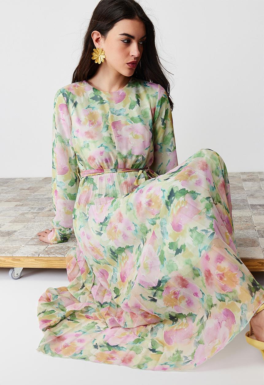 Trendyol - Floral Pleated Chiffon Dress - Light Green