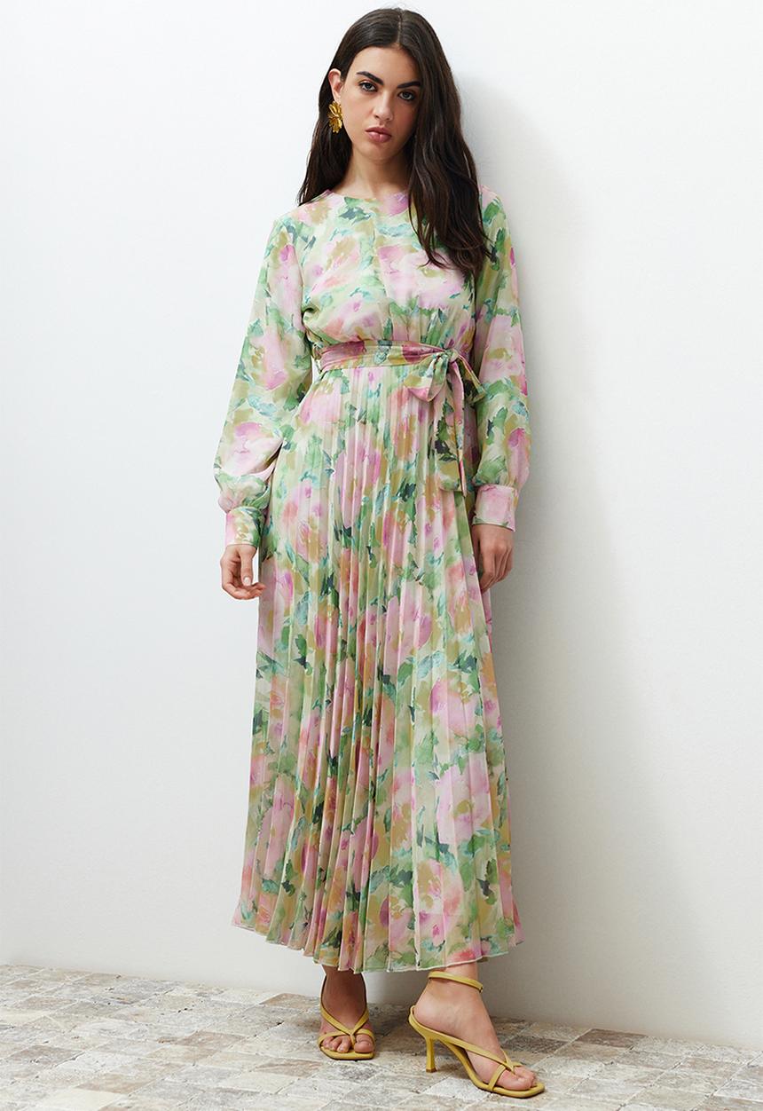 Trendyol - Floral Pleated Chiffon Dress - Light Green