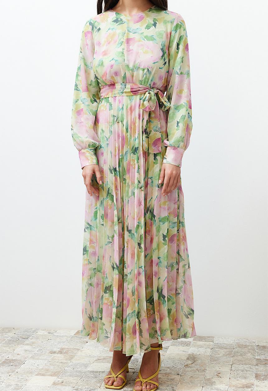 Trendyol - Floral Pleated Chiffon Dress - Light Green