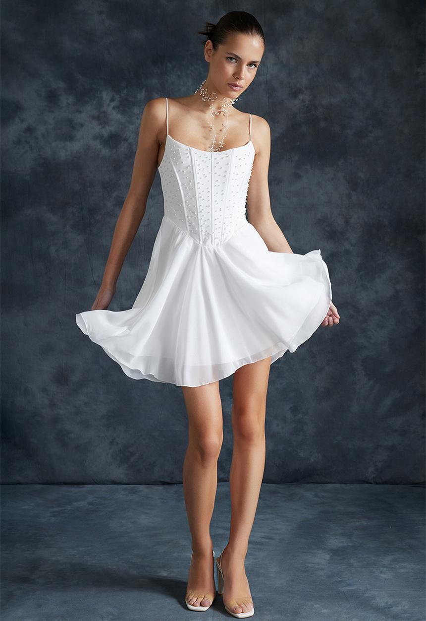 Trendyol - Bridal Pearled Short Dress - White