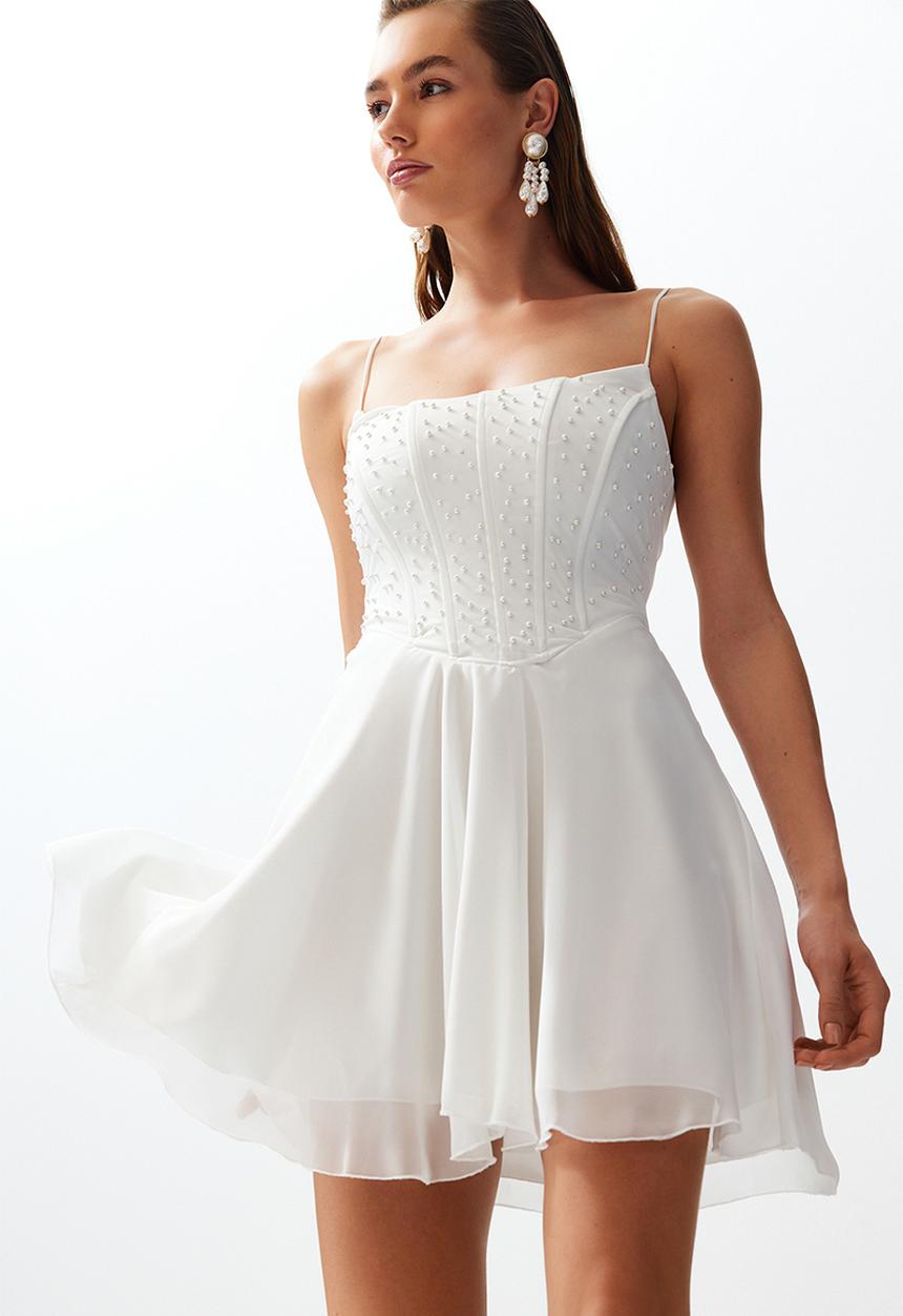 Trendyol - Bridal Pearled Short Dress - White