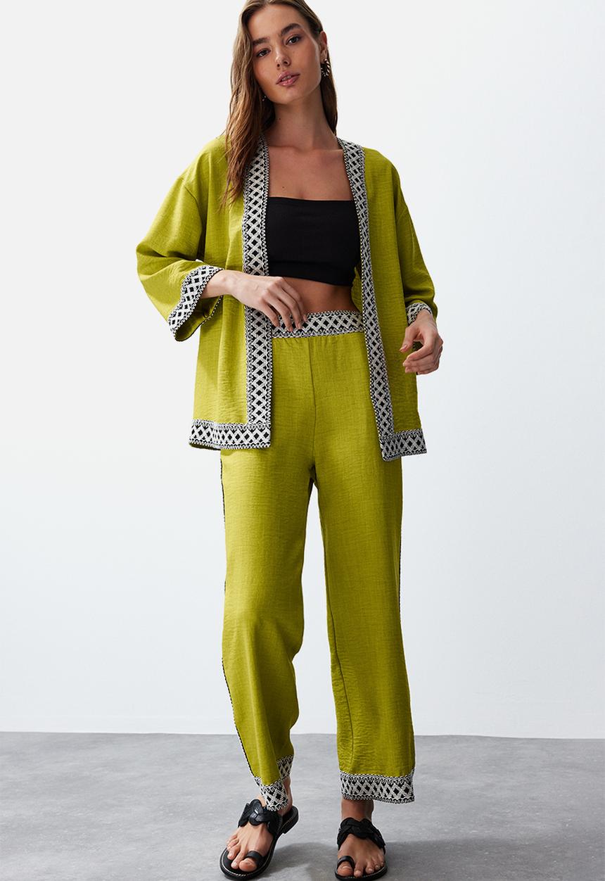Trendyol - Embroidered Kimono Set - Oil Green