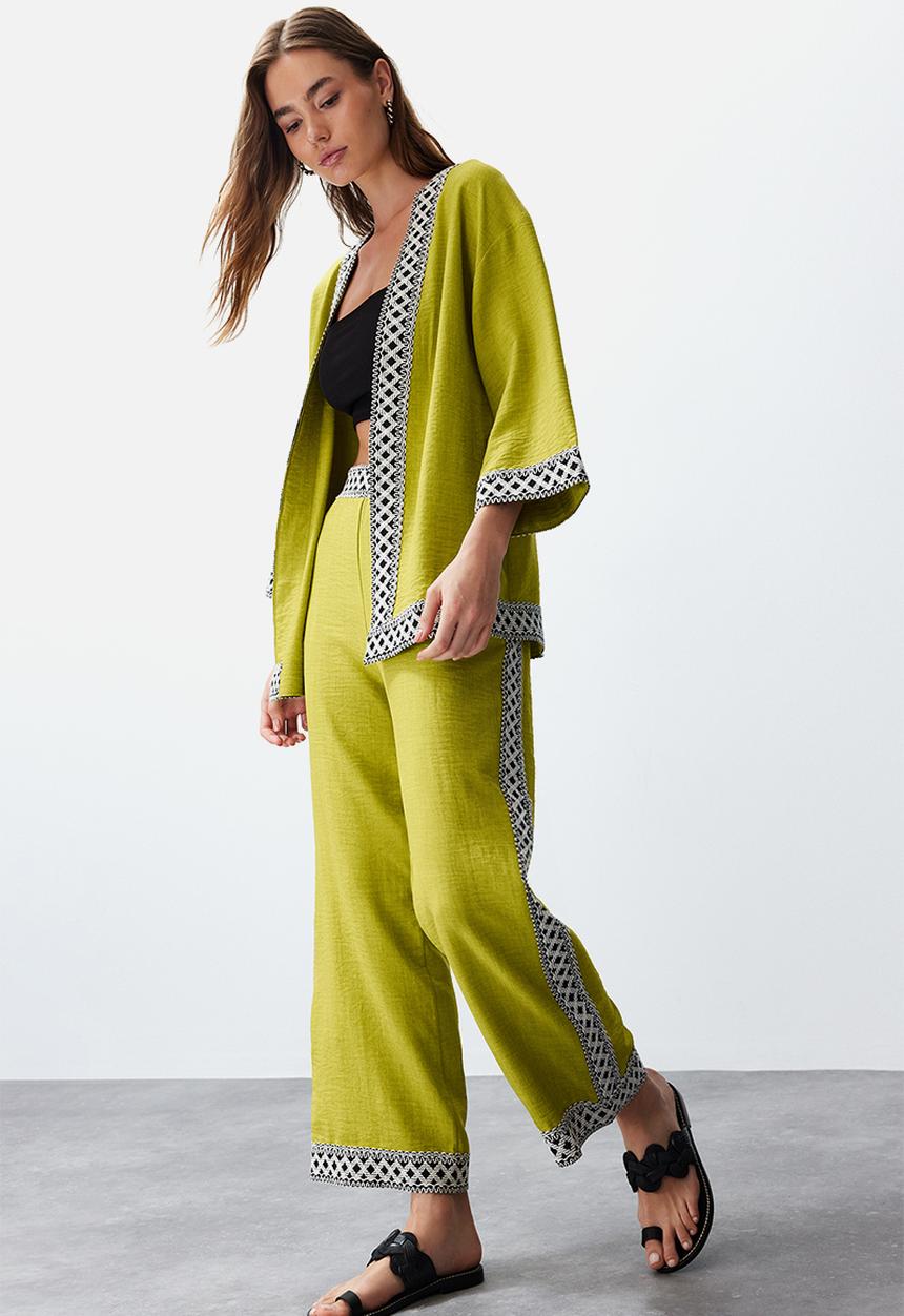 Trendyol - Embroidered Kimono Set - Oil Green