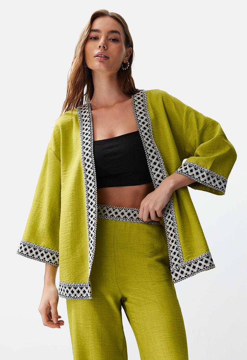 Trendyol - Embroidered Kimono Set - Oil Green