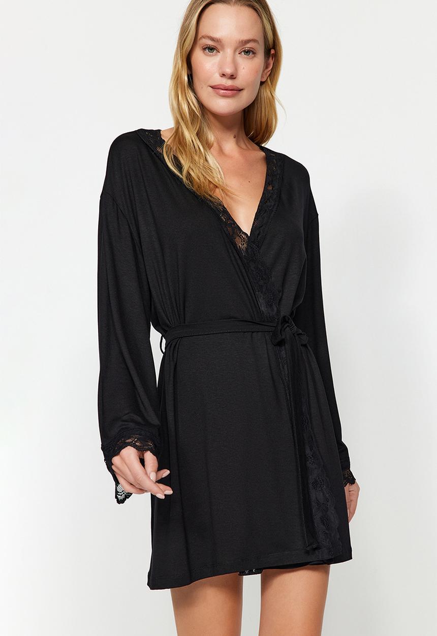 Trendyol - Belted Lace Dressing Gown - Black