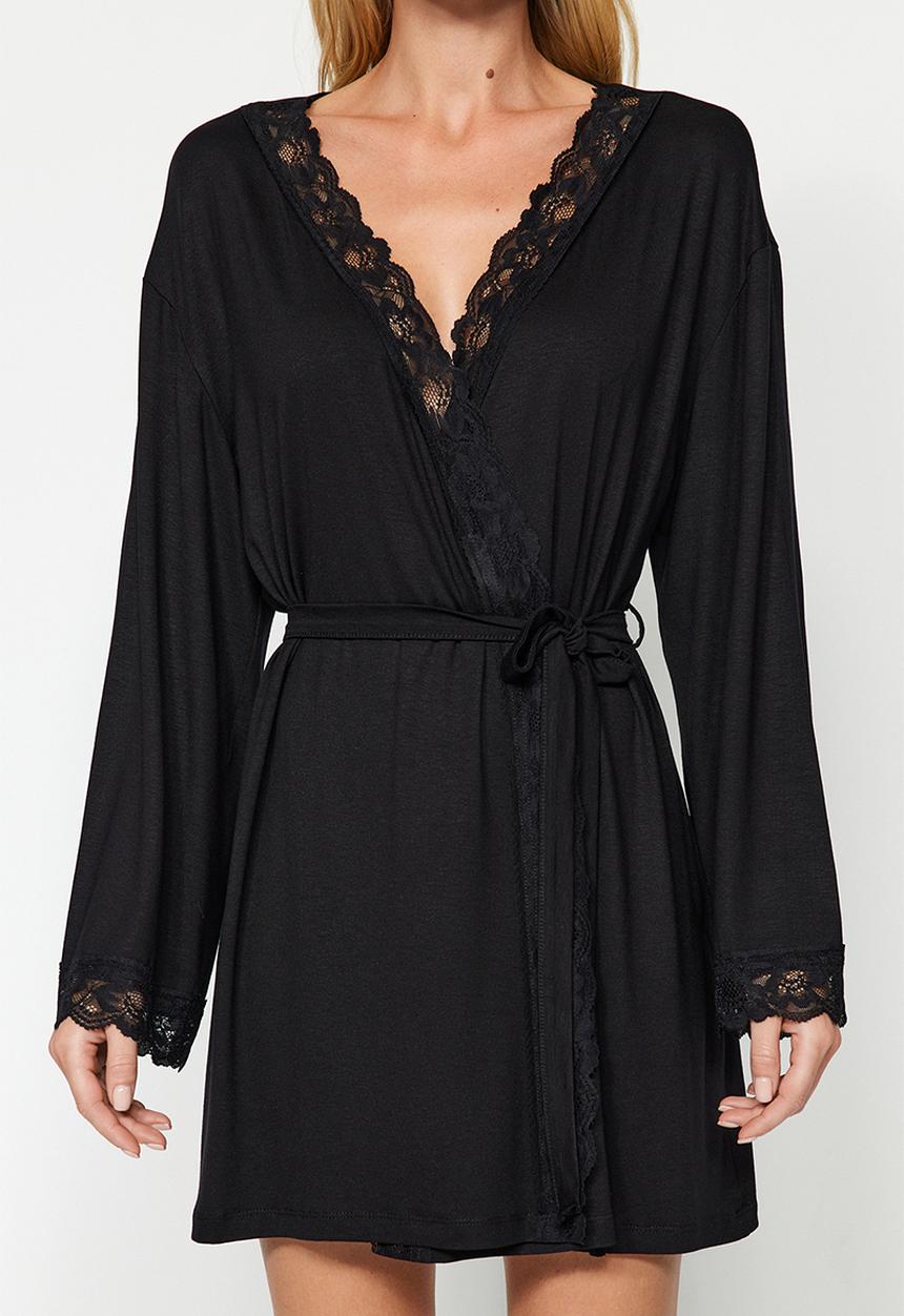 Trendyol - Belted Lace Dressing Gown - Black