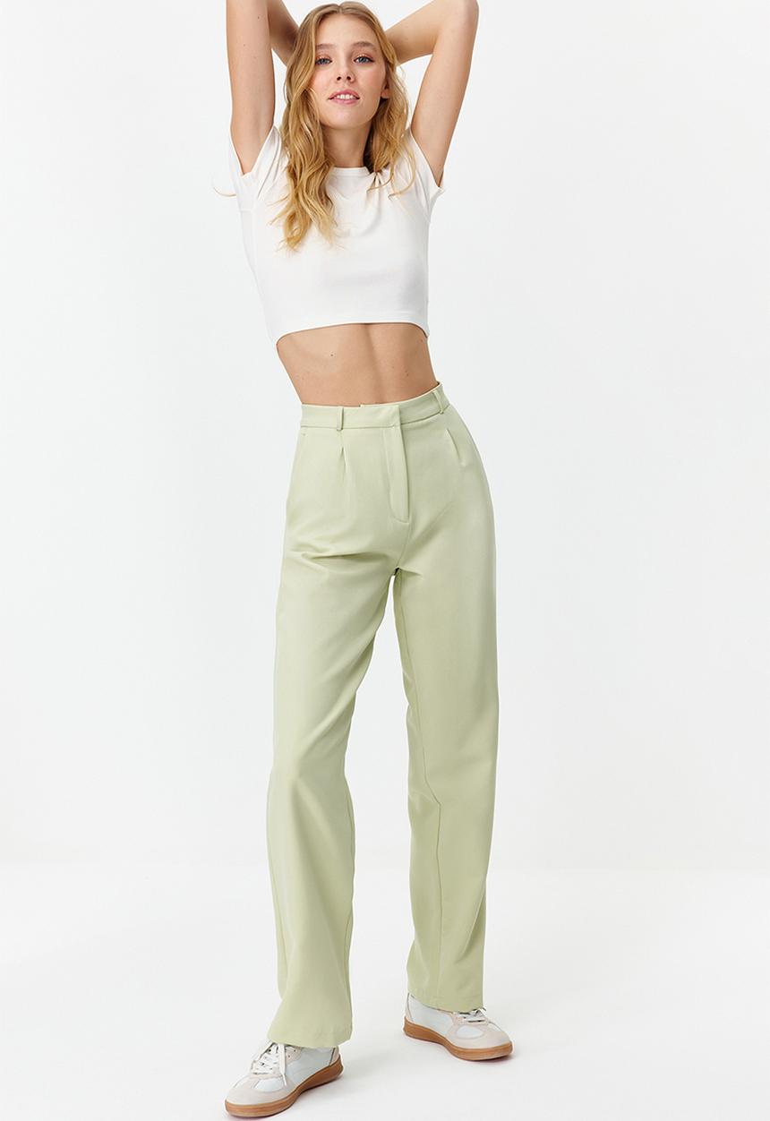 Trendyol - Straight Fit Pleated Woven Trousers - Mint