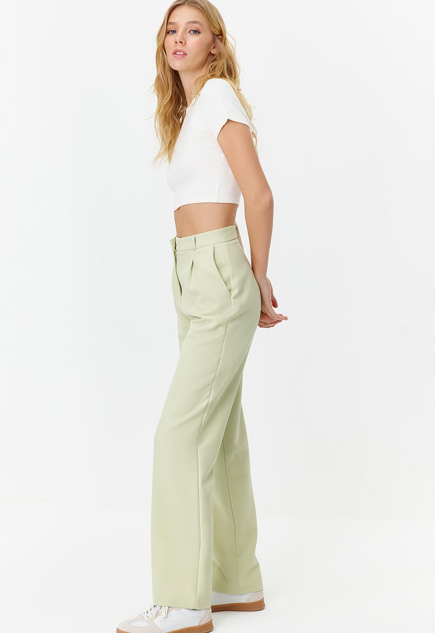 Trendyol - Straight Fit Pleated Woven Trousers - Mint