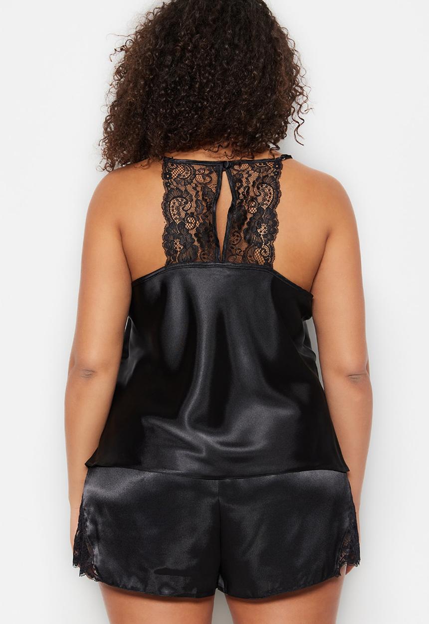 Trendyol - Plus Lace detailed satin pajama set - black