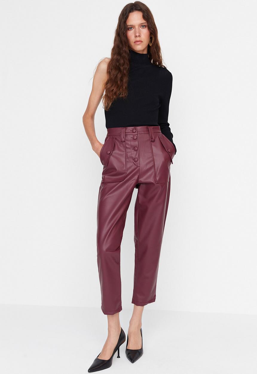 Trendyol - Limited Edition Carrot Woven Front Button Faux Leather Trousers - Plum