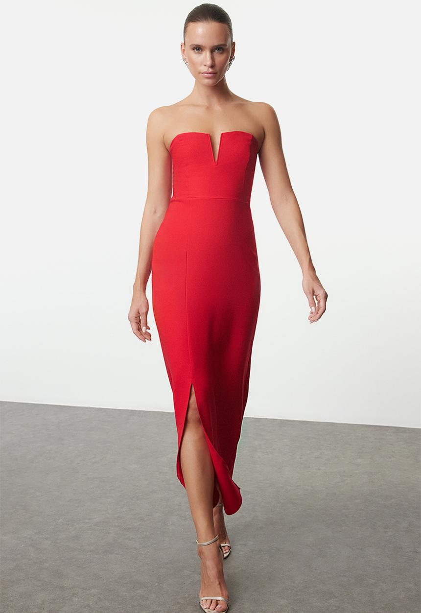 Trendyol - Strapless Bodycon Dress - Red