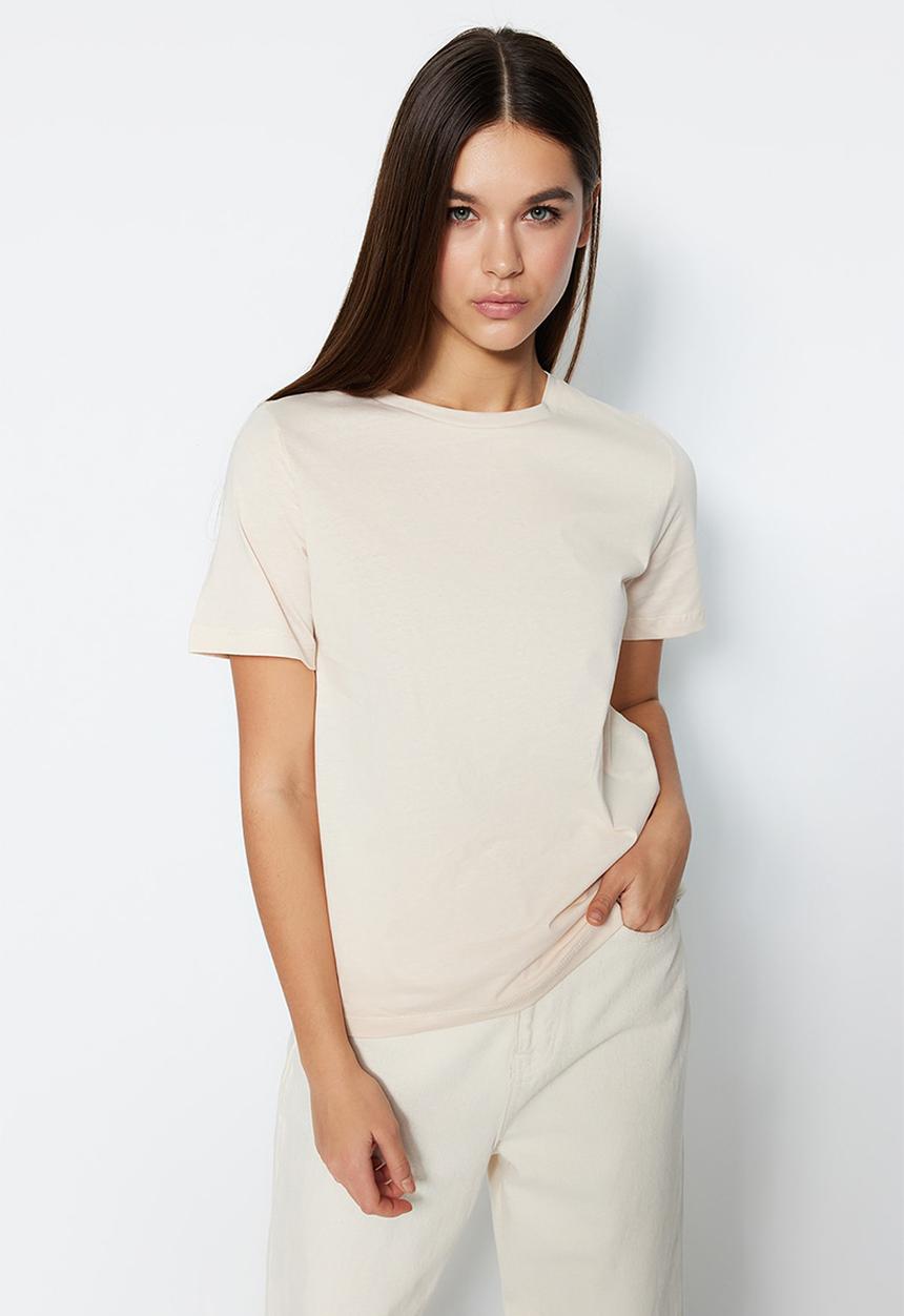 Trendyol - 100% Cotton Crew Neck T-Shirt - Light Beige