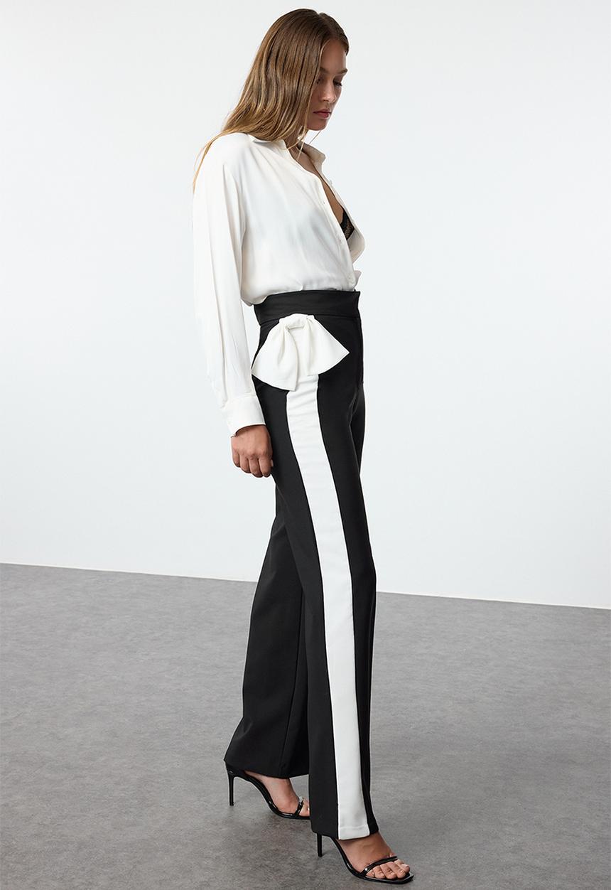 Trendyol - Bow Detail Wide Leg Woven Trousers - Black-White