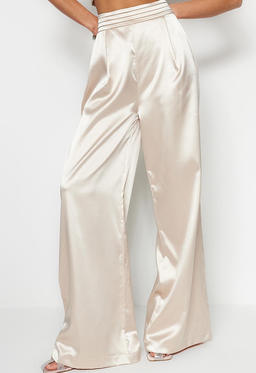 Trendyol - Wide leg woven satin trousers - beige