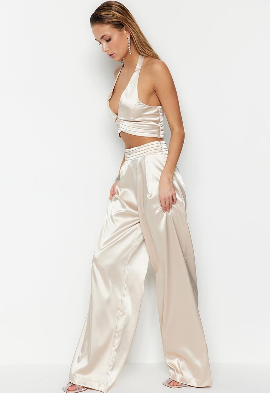 Trendyol - Wide leg woven satin trousers - beige