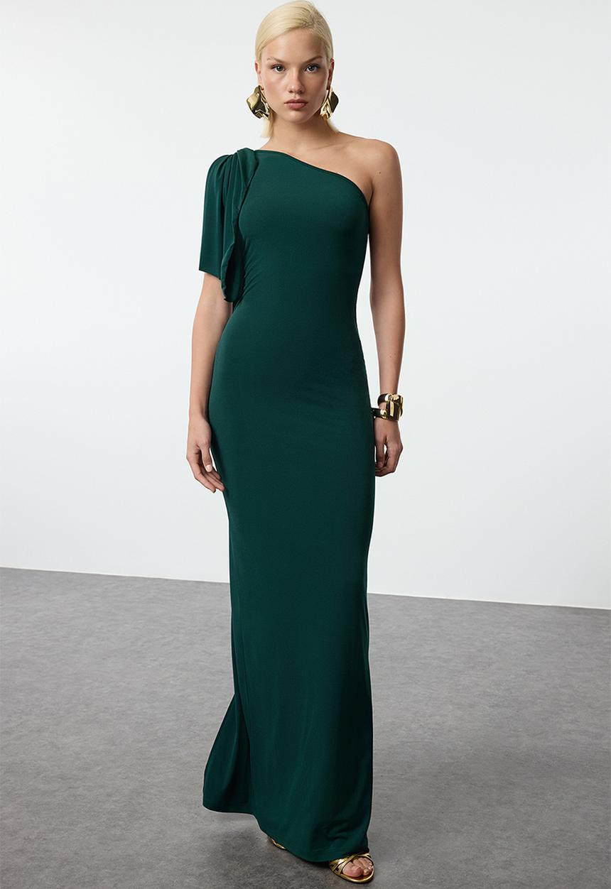 Trendyol - One Shoulder Evening Dress - Emerald