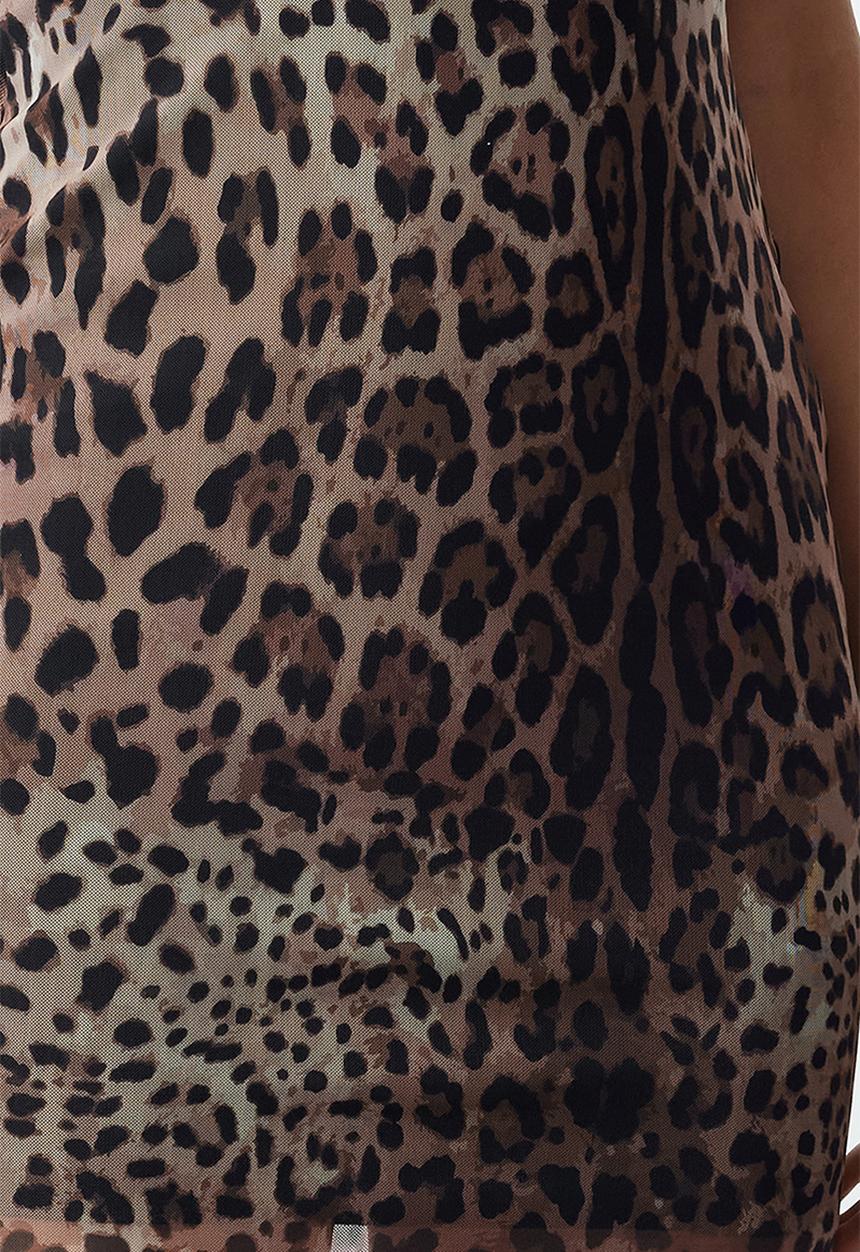 Trendyol - Body-Smoothing Leopard Patterned Tulle Woven Dress - Brown