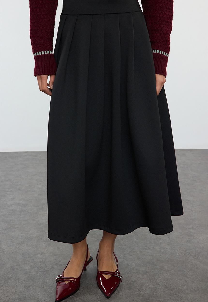 Trendyol - High Waist Flared Pleat Detailed Midi Skirt - Black