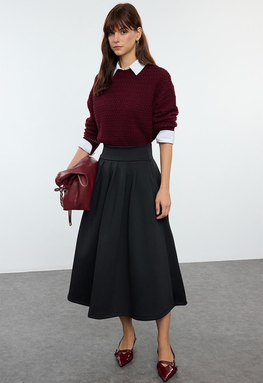 Trendyol - High Waist Flared Pleat Detailed Midi Skirt - Black