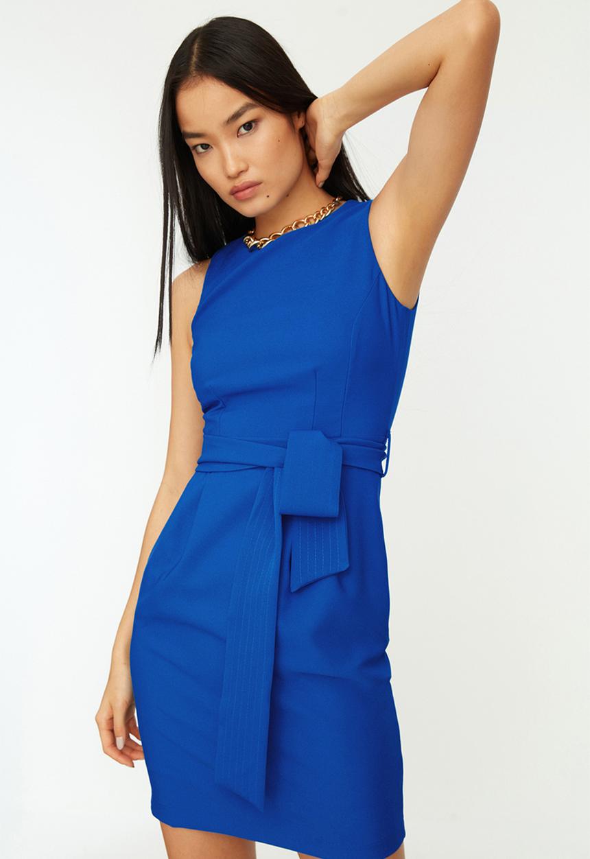 Trendyol - Belted Body Wrap Crew Neck Mini Woven Dress - Indigo