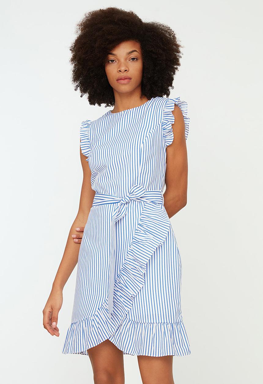 Trendyol - Belted A-line Striped Mini Dress - Blue