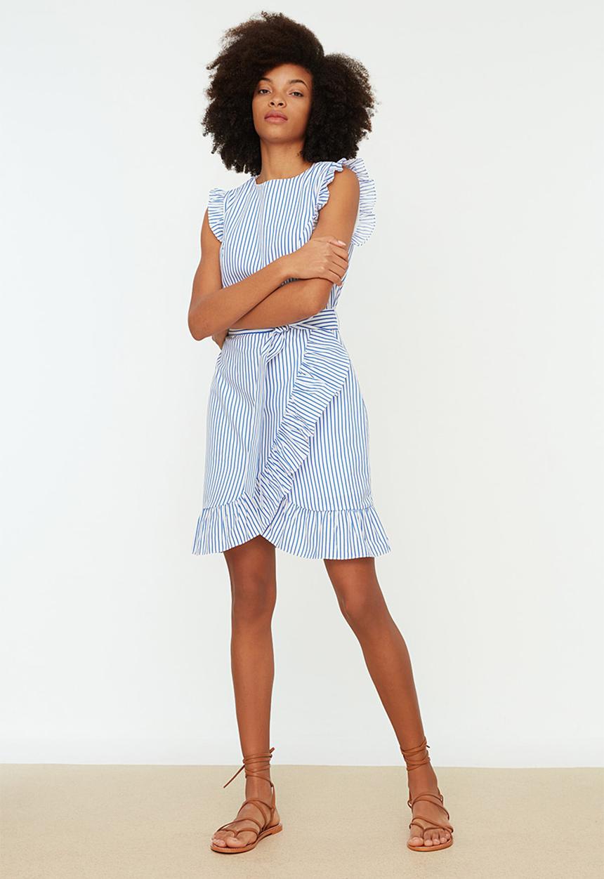 Trendyol - Belted A-line Striped Mini Dress - Blue