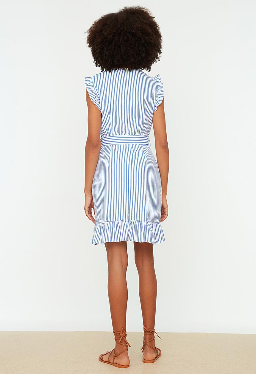 Trendyol - Belted A-line Striped Mini Dress - Blue