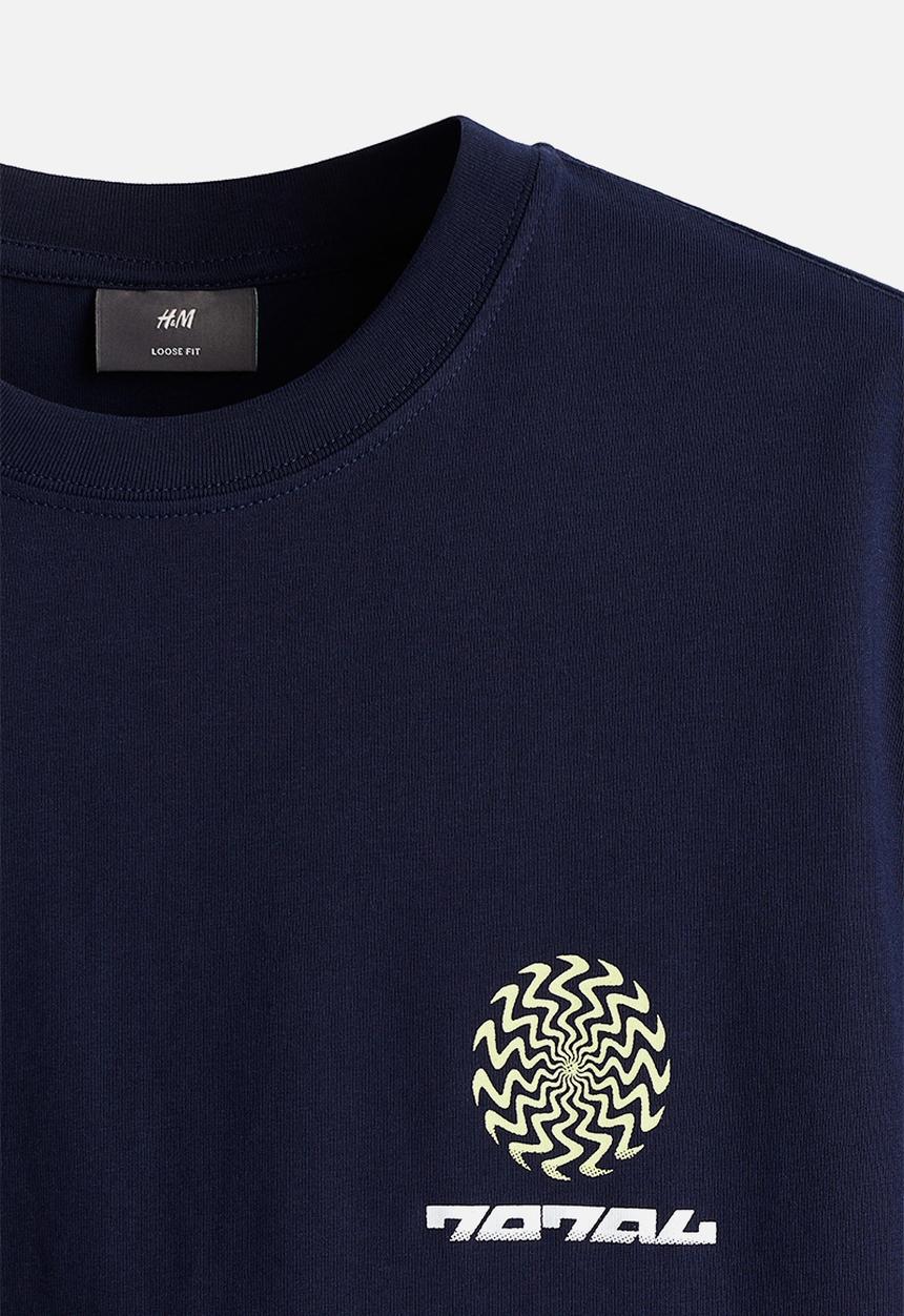 H&M - Loose fit printed T-shirt - dark blue/total
