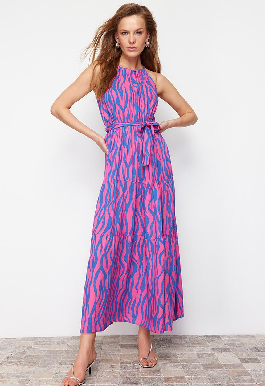Trendyol - Animal Halter Neck Maxi Dress - Fuchsia