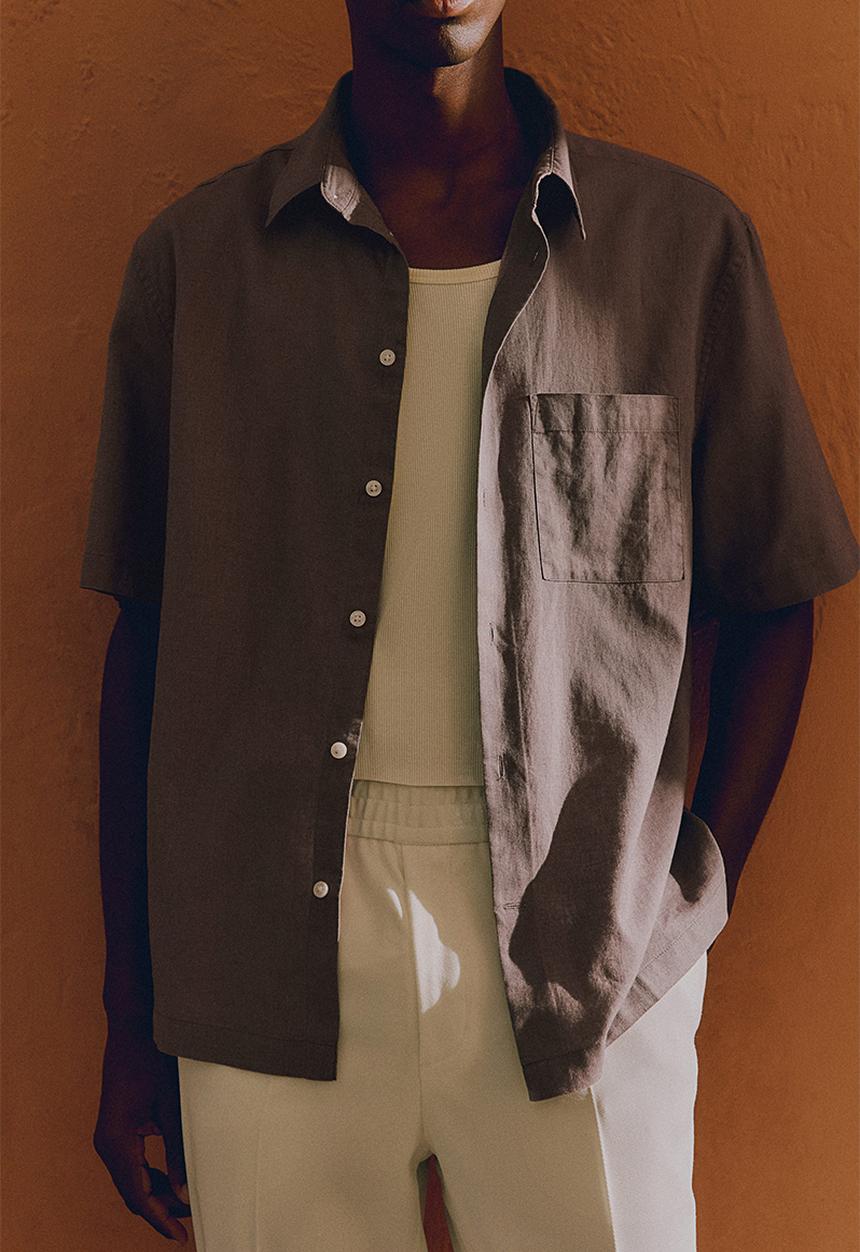 H&M - Regular fit linen-blend shirt - beige & grey